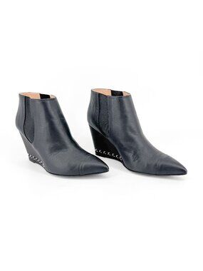 Chanel CC Black Leather Pointed Chain Wedge Ankle Boot Bootie Size 39.5 US 8.5-9
